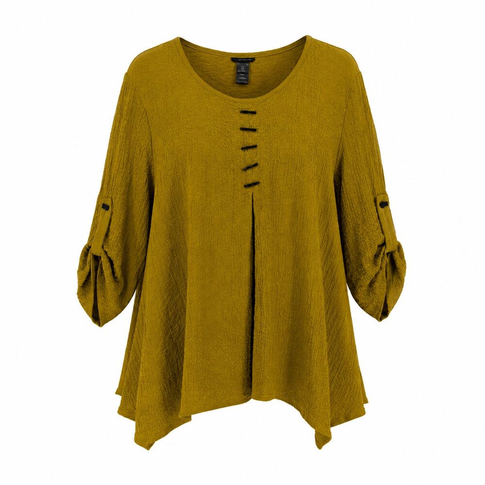 Ali Miles Textured Tunic Top 2X Mustard Gold Asymmetrical Hem Roll Tab Sleeve